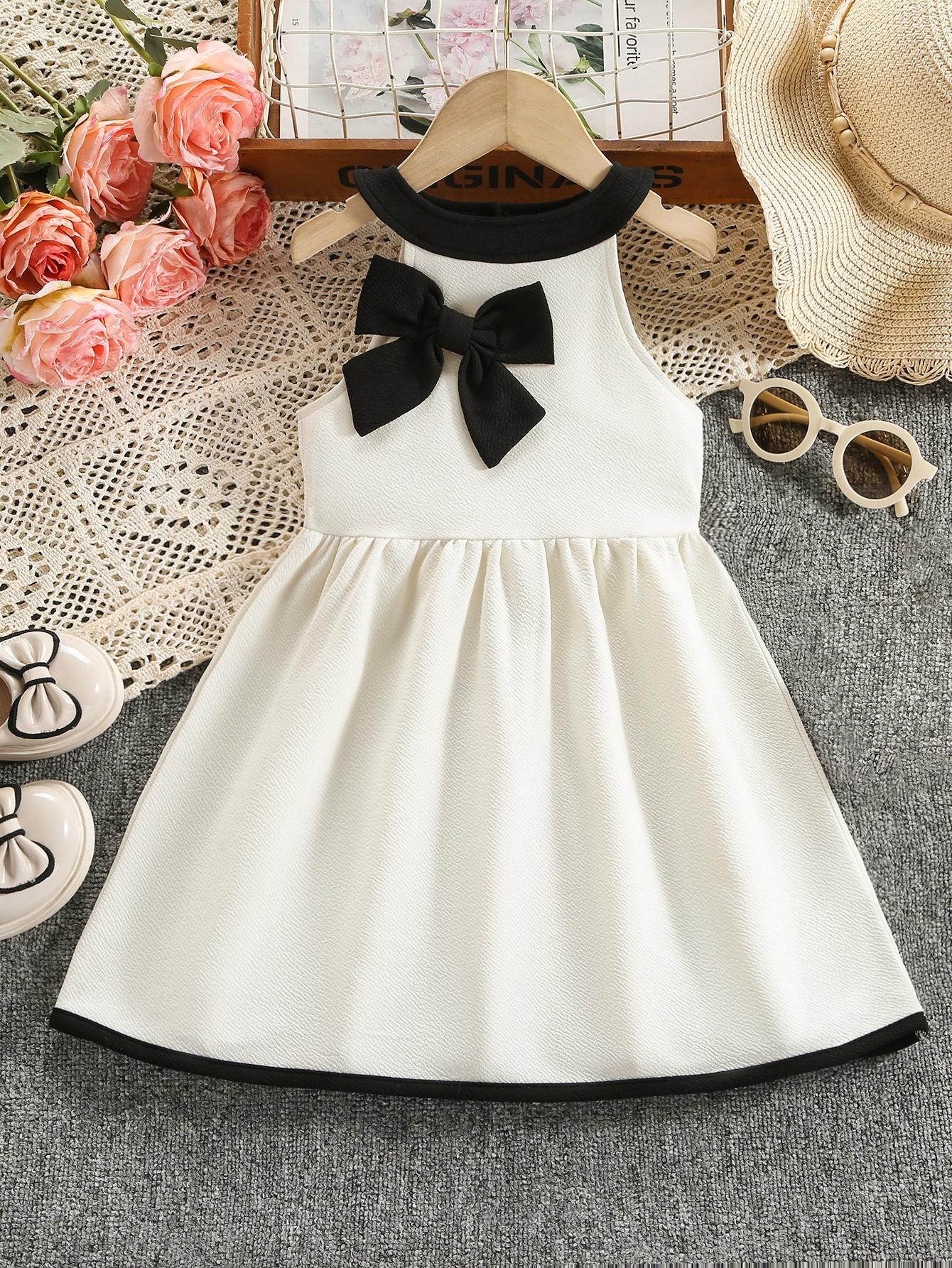 

Girls Casual A-Line Princess Dress (Spring/Summer) — Simple & Cute Style with 3D Bow Accent, Contrast Design, and Halter Neckline (Single Piece) 7Y абрикосовий