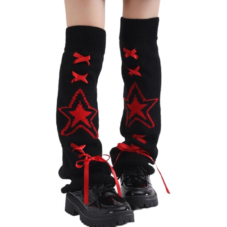 Women's Knitted Leg Warmers with Star Pattern and Ribbon Ties Harajuku Fairycore Flared Foot Covers Footless Long Socks