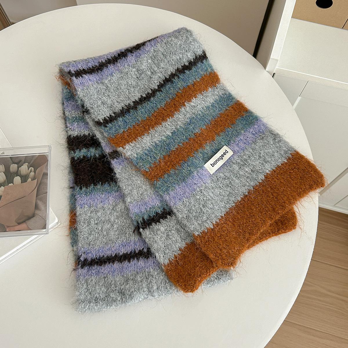 

Korean Version Striped Scarf Women Winter Autumn New Wool Blended Soft Waxy Fluffy Warm Muffler Female Thermal Shawl Couple