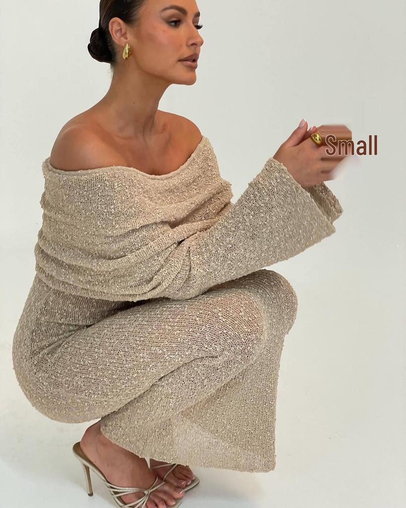 European & American Beach Cross-border One-shoulder Knitted Hollow-out Sexy Long Dress Cover-up