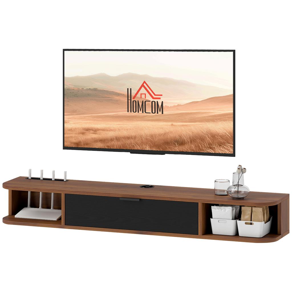 TV Cabinet Up To 50" Wall-Mounted with Drawer, 2 Open Shelves and Cable Hole, 120x24x16 Cm, Walnut
