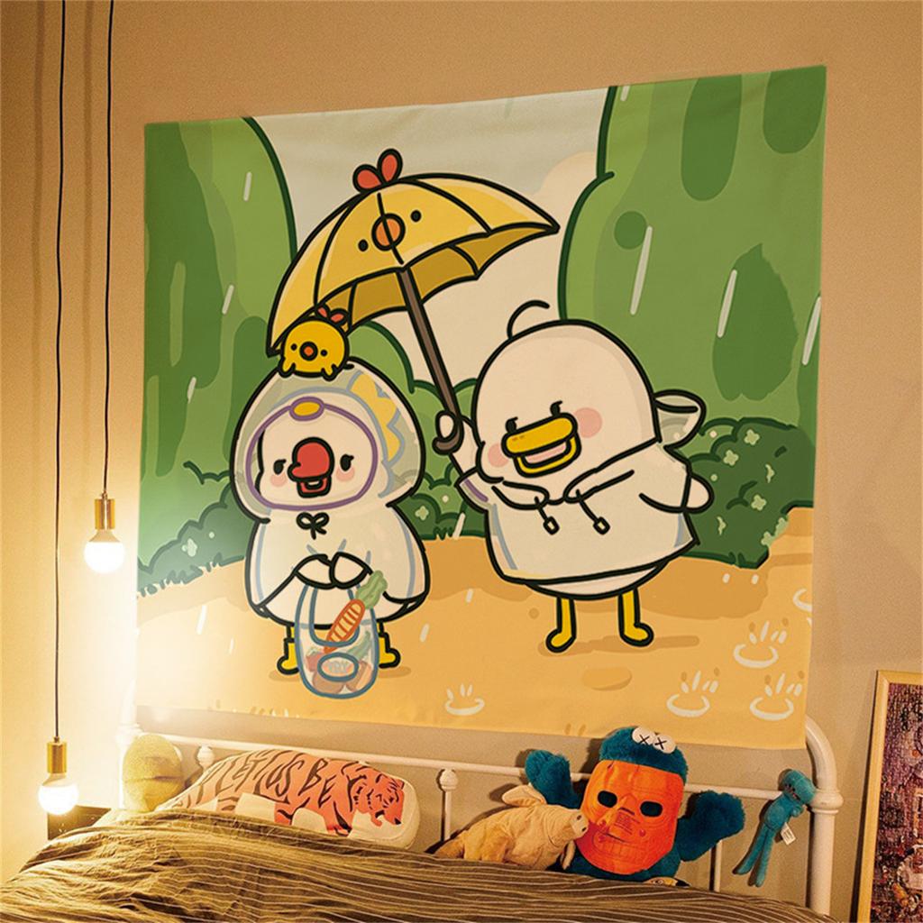 Cute Ducks In Rainy Day Tapestry Kawaii Cartoon Animal Wall Hanging for Kids Bedroom Nursery Cozy Dorm Decor