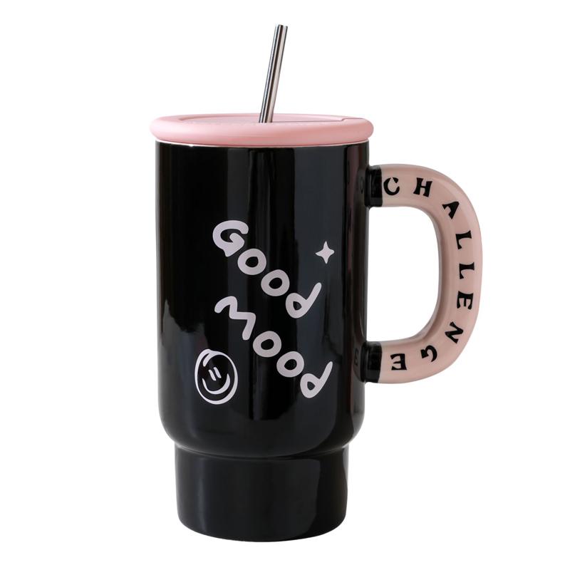 800ml Ceramic Travel Coffeel Mug With Lid And Straw Mug With Handle Creative Large Capacity Portable Water Cup