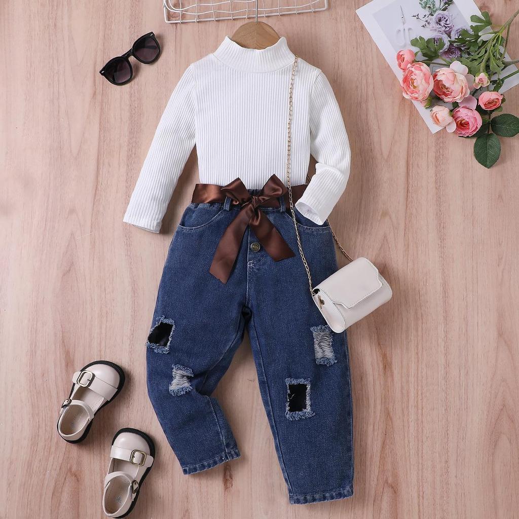 Mädchen Mode Set, Herbst- und Winter Kinder Freizeit Einfarbig Langarm Pullover, Zerrissene Denim Hose Zweiteiliges Set