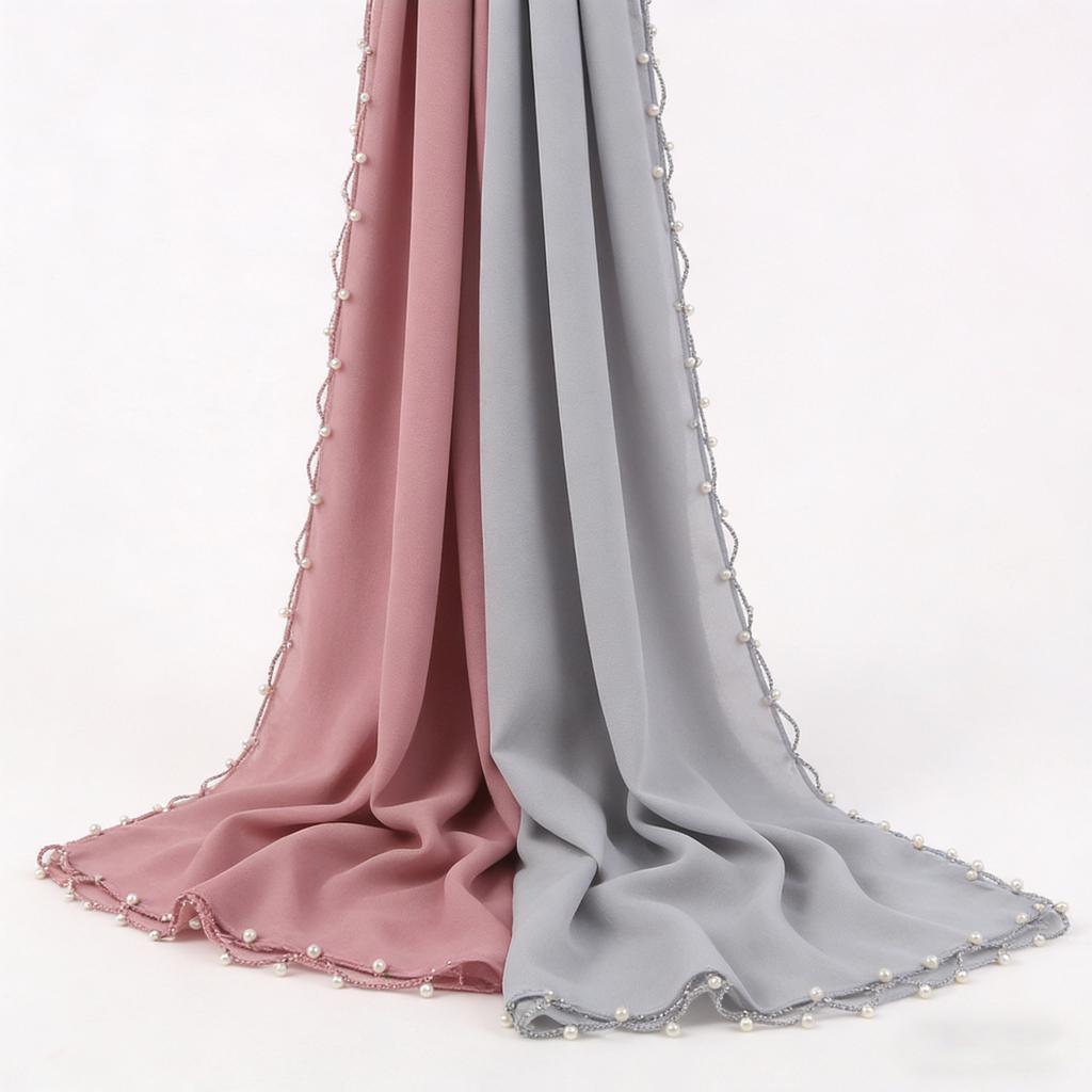 Pearl Edge Chiffon Hijab Scarf Women Muslim Long Shawl Soft Plain Head Wrap Beaded Border Lightweight Islamic Turban