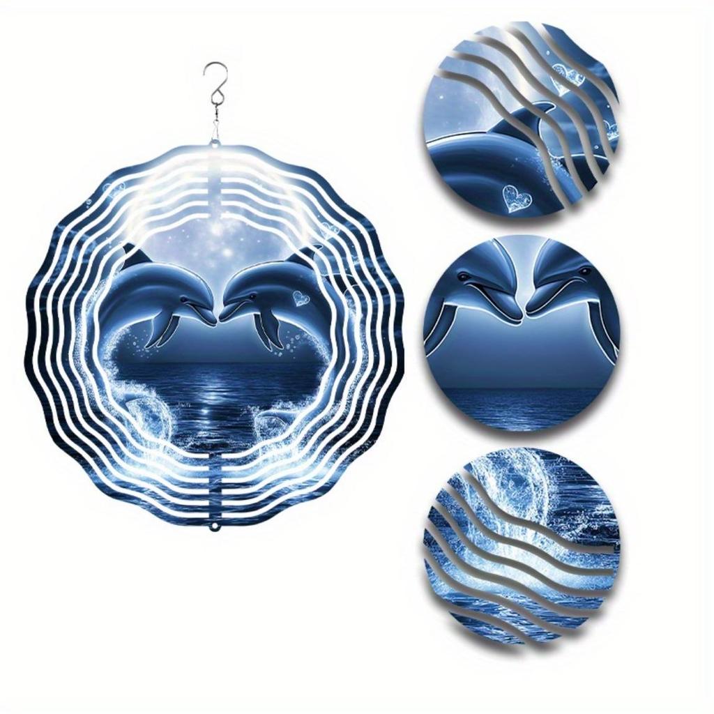 Romantic 2D Dolphin Wind Chime Metal Wall Art with Night Sky Glow for Indoor Outdoor Garden Patio Thanksgiving Decor