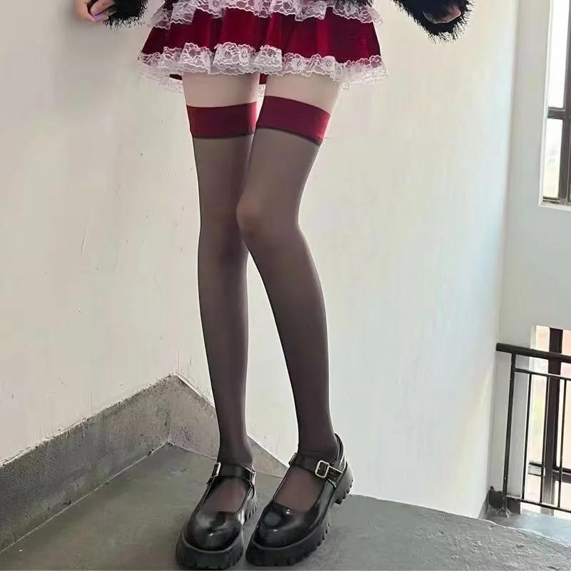 Lolita Girls Party Thigh High Fishnet Stockings Gothic Punk Women Sexy Transparent Over Knee Black Red Wide Edge Long High Socks