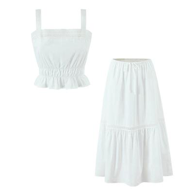 Women's White Lace Trim Tank Top & A-line Umbrella Skirt Set
