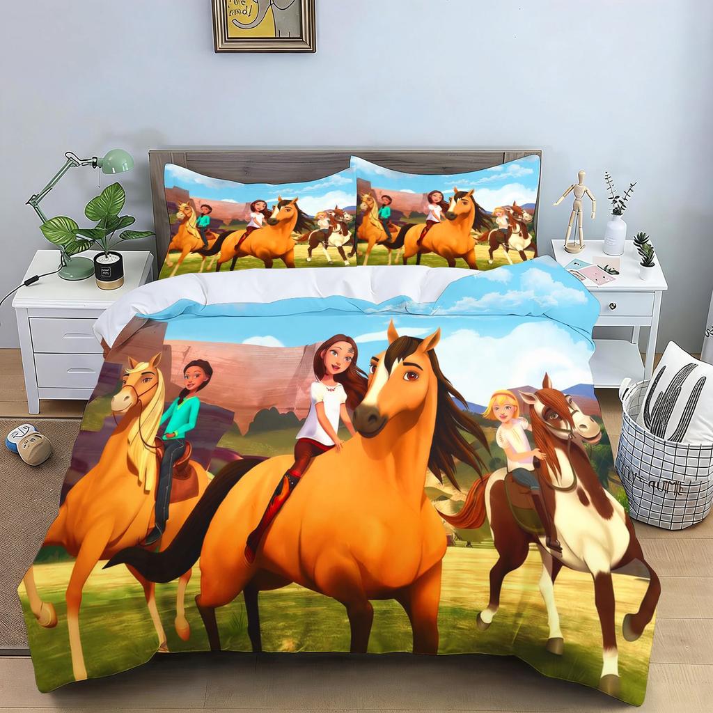 Spirit Riding Free Cartoon Horse Bedding Set Running Horses Print Duvet Cover Pillowcase Soft Kids Bedroom Bed Linens