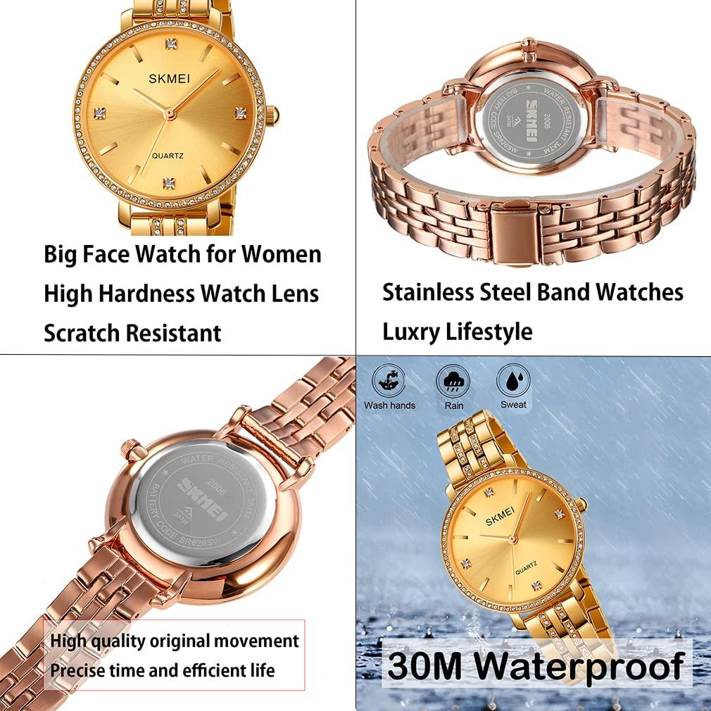 Simple and stylish wristwatch with classic and large gold quartz stainless perfect for business or as a luxury women's diamonds, design, accents.