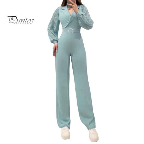 

Женский деловой комбинезон с плиссированными рукавами-фонариками, отложным воротником, V-образным вырезом, декором из страз и пряжкой, широкими штанинами, высокой талией, однотонный OL, дорожный наряд S светло-синий