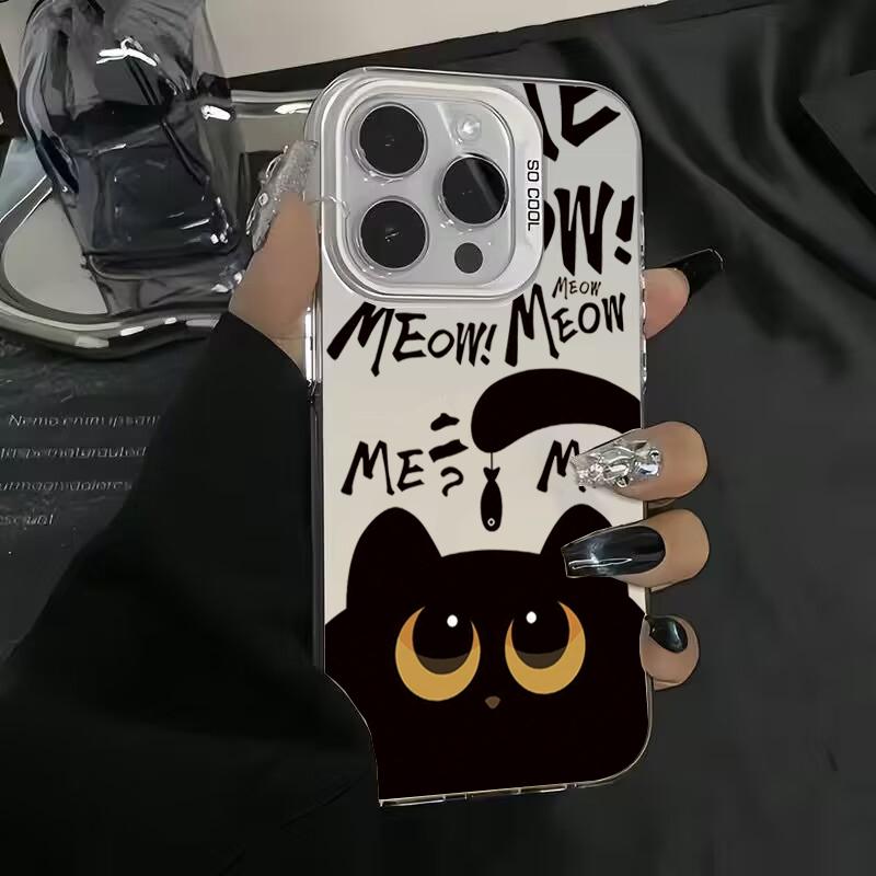 Cartoon Black Cat Eating Fish Electroplate Silver Case For  Redmi Note 14 13 12 11 10 Pro Plus 5G 12S Redmi 14C 13 Cover