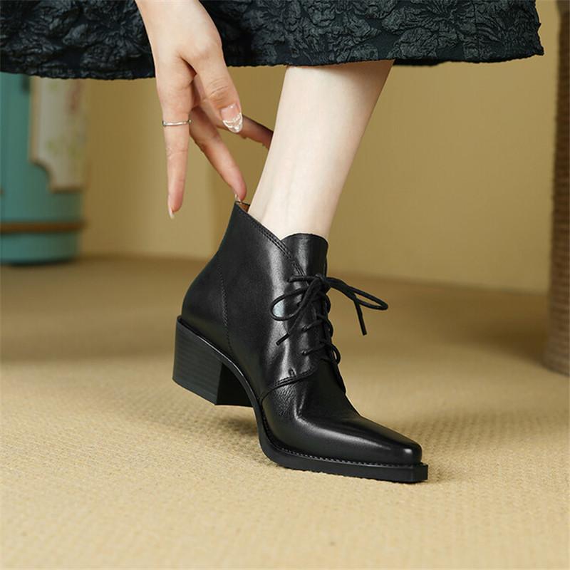 Fashion New Autumn/Winter Genuine Leather Women Shoes Pointed Toe Chunky Heel Ankle Boots for Women Lace Short Boots Zapatos De Mujer