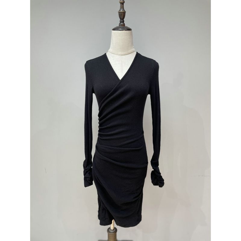2024 Winter New Arrival Show Figure Adult Lady Like Woman Sense Cross Ruched Design V-neck Knitting Hip Bag Dress