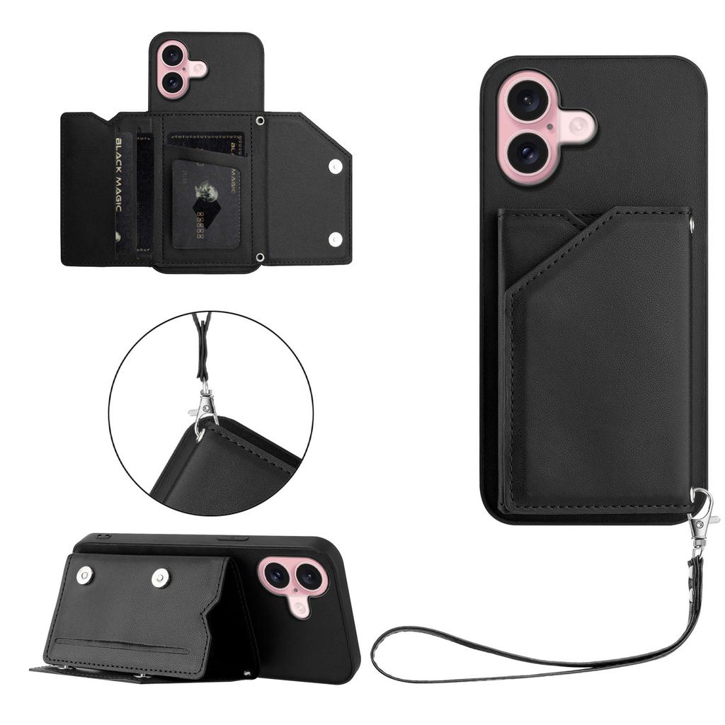 For iPhone 16 Case Card Holder Kickstand Skin-Touch Phone Cover with Wrist Strap