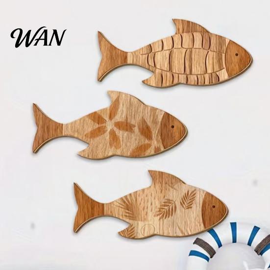 Tabletop Fish Ornament 3Pcs/Set Bathroom Wall Decoration, Rustic Wooden Art 2D Printed Sculpture, Nautical Hanging for Beach Lake House Ocean Style