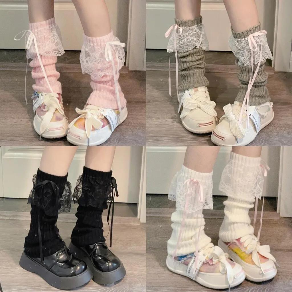 Scaldamuscoli a Rete con Fiocco in Pizzo Stile Lolita Giapponese Y2K Scalda Polpacci da Donna Coprigambe a Nastro Lavorati a Maglia Calze Lente Stile Principessa JK con Fiocco