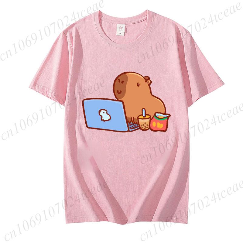 Cute Capybara Loves Bubble Tea Print Women Kids T-Shirt Summer Children's Short-sleeved Casual Pink Tops Adults Boys Girls Gifts