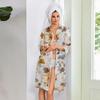 Women's Casual Zip Front Robe with Leaf Print, 3/4 Sleeve, Knee-Length, Lightweight Sleepwear with Pockets