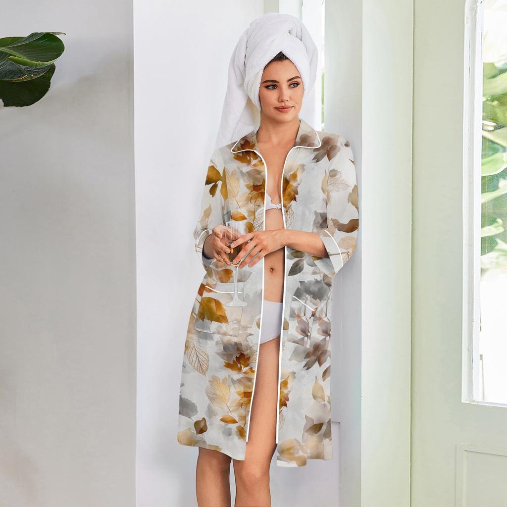 Women's Casual Zip Front Robe with Leaf Print, 3/4 Sleeve, Knee-Length, Lightweight Sleepwear with Pockets