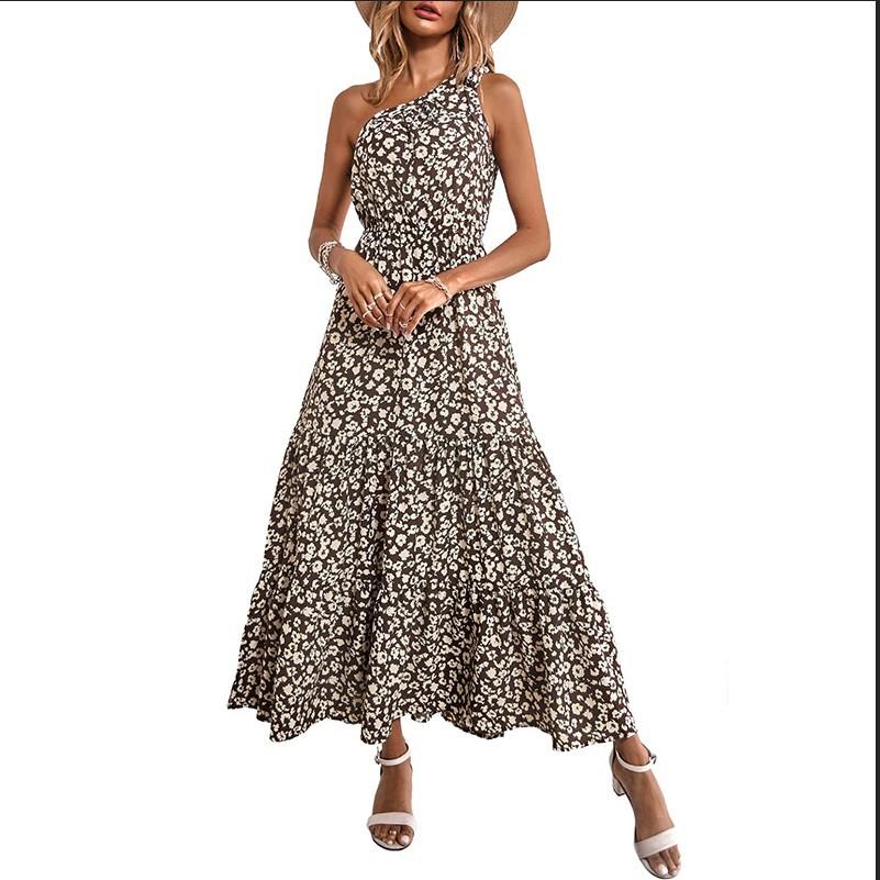 

Праздничное пляжное женское платье в богемном стиле на одно плечо с цветочным принтом, повседневное длинное платье с большими качелями S светло-фиолетовый