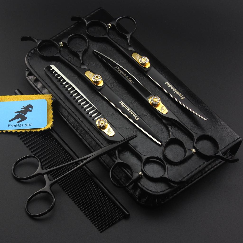 7.0" Black Handle Pet Grooming Scissors Set - 4-Piece with Straight, Bent, Thinning Scissors & Comb