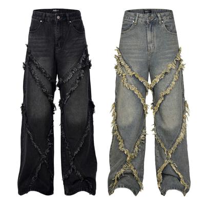 Men's And Women's Retro Patchwork Washed Denim Jeans, Fashionable Loose Wide Leg Straight Leg Pants