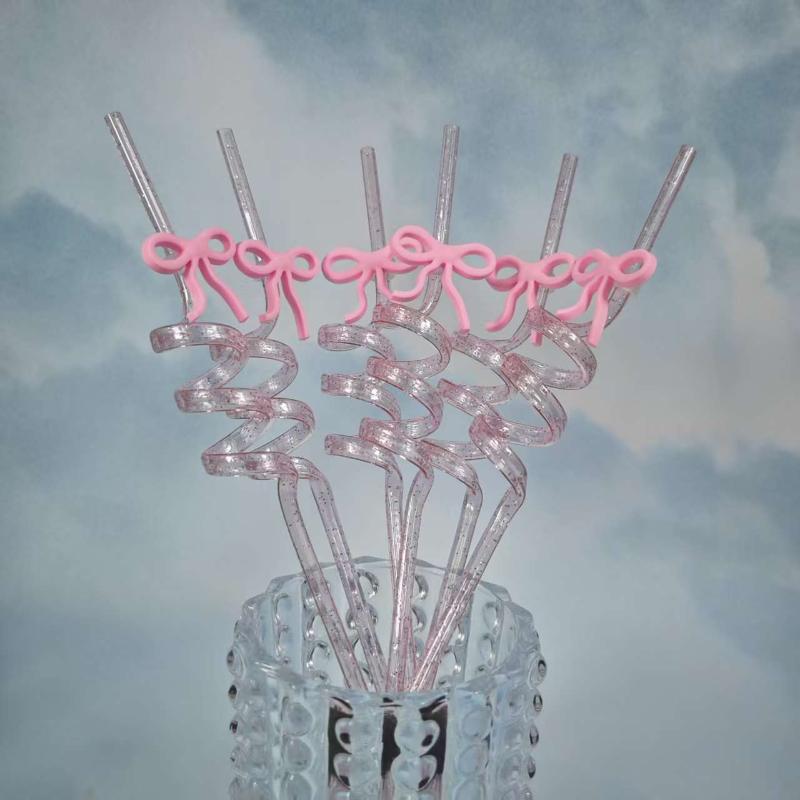 5Pcs Pink Bow Straw Curved Drink Reusable Glitter Straw Home Birthday Party Cocktail Wedding Tea Decorations Cute Supplies