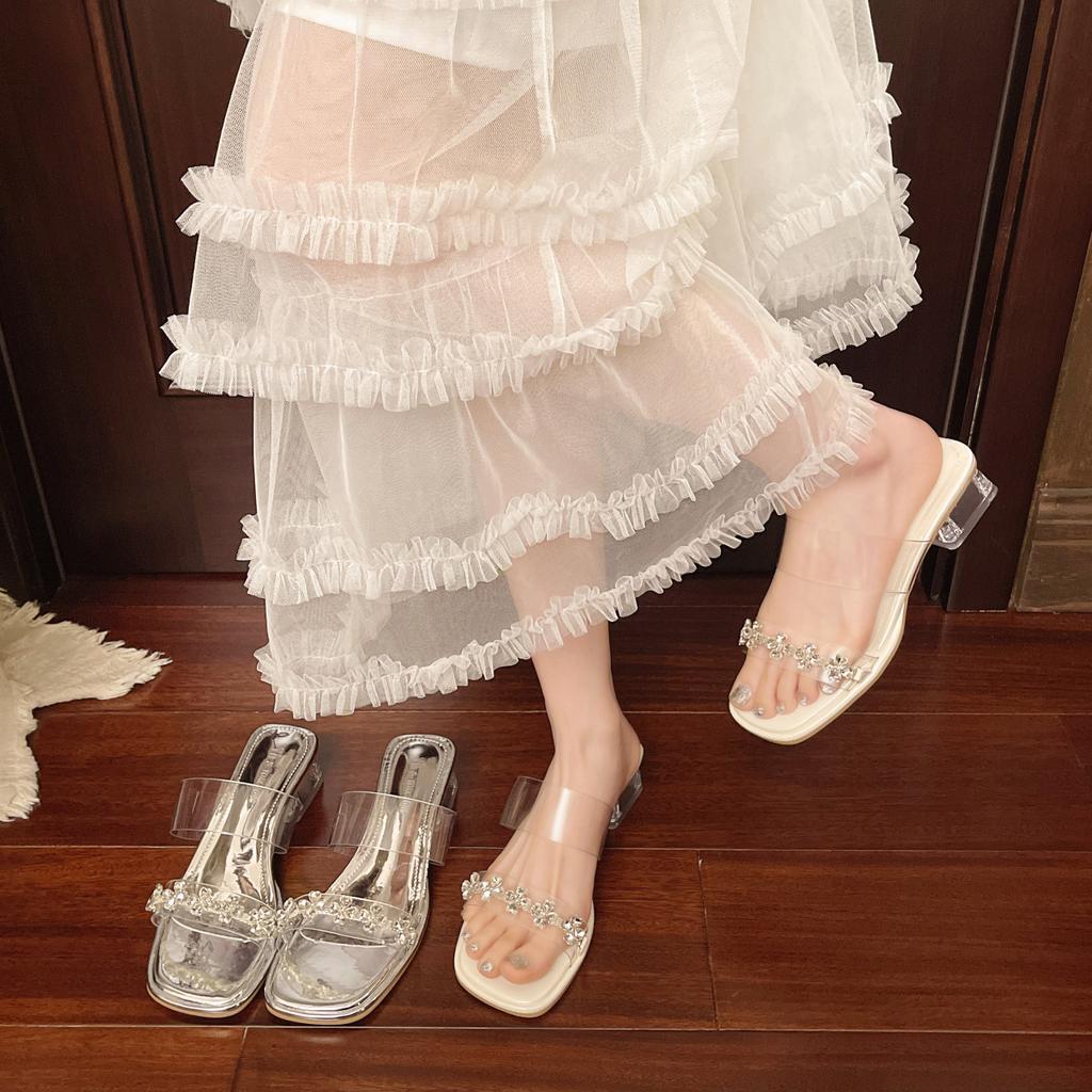French high heels women's summer outer wear fairy shoes high sense transparent rhinestones word with beautiful high heels cool slippers