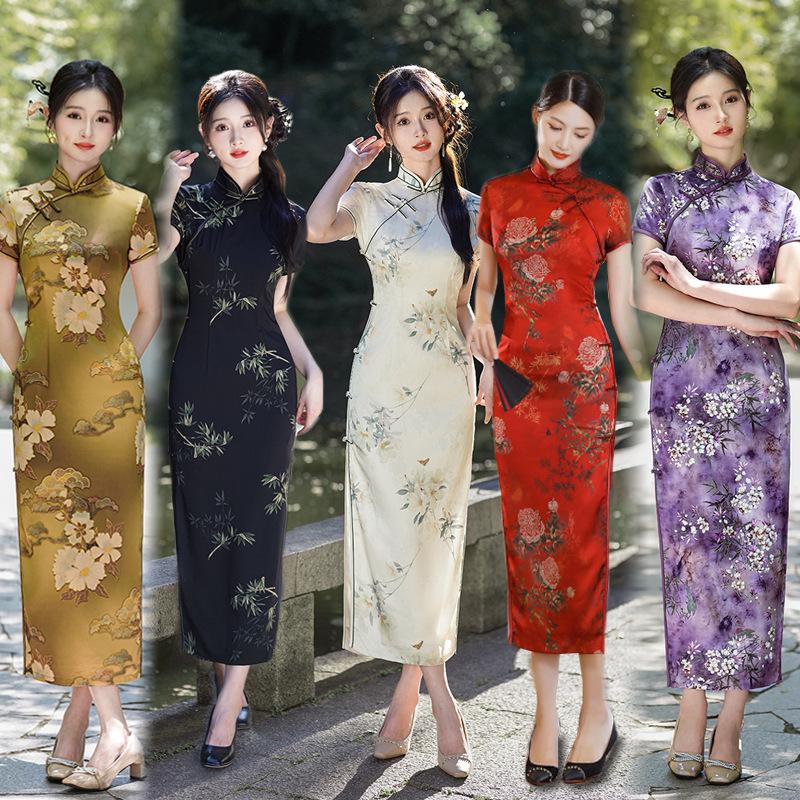 2026 New Chinese Style Silk Cheongsam: Summer-Autumn Retro Long Dress, Slim Fit, Double Layer for Banquets & Performances
