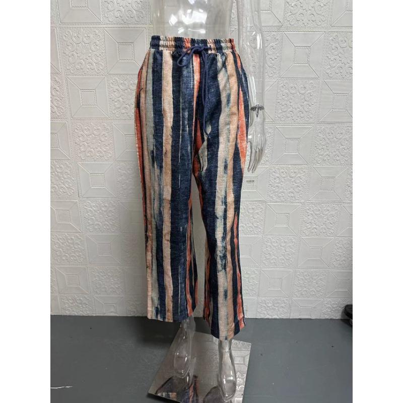 Calças Harem Estampadas às Riscas, Calças Casuais Soltas com Cintura Elástica, Calças com Cintura Elástica, Diárias, Roupa Feminina