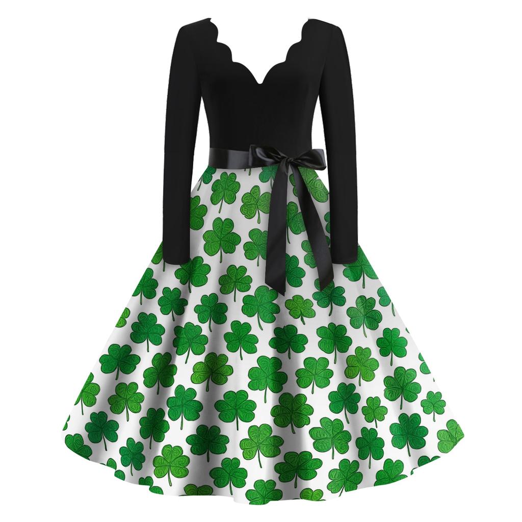 Women's Casual Fashion Printed V-Neck Retro Long-Sleeve Dress