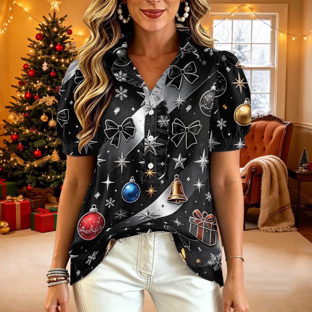 Women's V-Neck Christmas Print Short Sleeve Button-Up Blouse with Ruffle Trim
