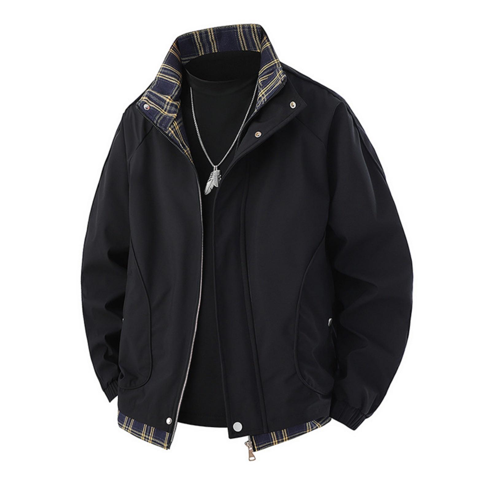 

Men s Casual Checkered Patchwork Style Sports Jacket, Men s Loose Stand-up Collar Work Jacket XL чёрный