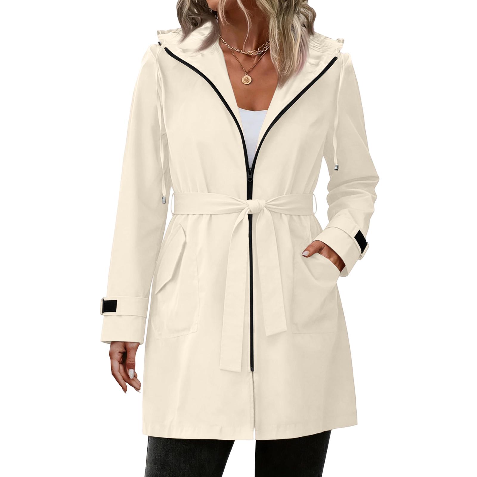 

Women s Hooded Outdoor Jacket Windbreaker Coat with Adjustable Waist Belt and Front Zipper Closure Large Size Available XXXXL бежевый