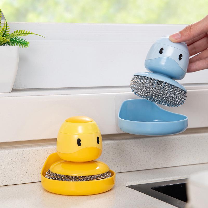 

Little Yellow Duck Dishwashing Brush with Liquid Dispenser - Steel Wool Cleaning Ball for Kitchen