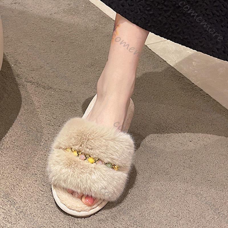 Comemore Plush Slippers Women Soft Black Faux Fur House Cotton Slides Woman Indoor Casual Flat Heel Fur Slippers Women Shoes