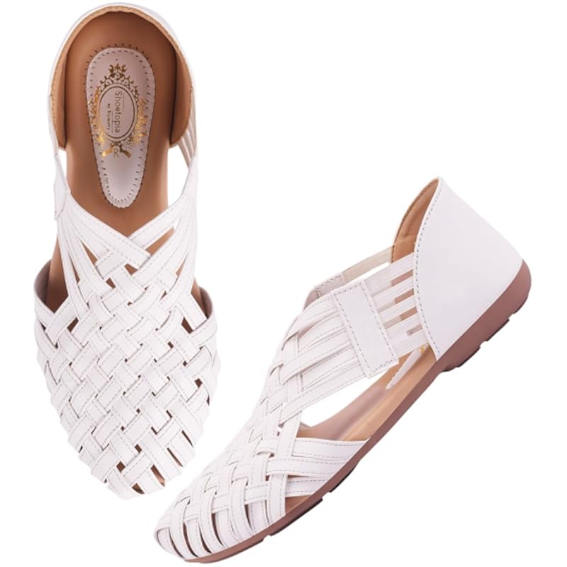 Shoetopia Women'S White Woven Ballerina Flats Ethnic Style Comfortable Slip-On Juttis With Closed Toe For Casual & Fest