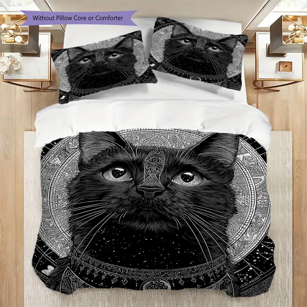 Black Cat Pattern Bedding Quilt Set Quilt Cover Pillowcase Home Decoration Birthday Gift (1 * Duvet Cover + 2 * Pillowcase, Without Core)