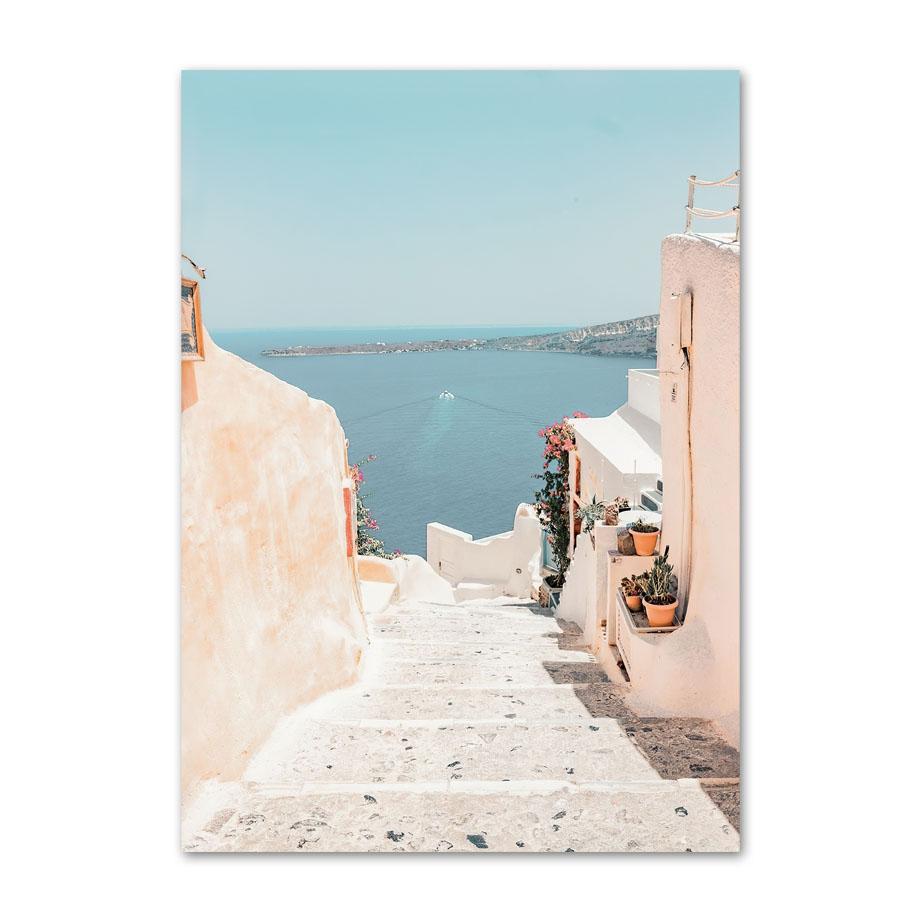נוף ים כחול תכלת טירת סנטוריני אמנות קיר ציור קנבס פוסטרים והדפסים נורדיים תמונות קיר לעיצוב הסלון