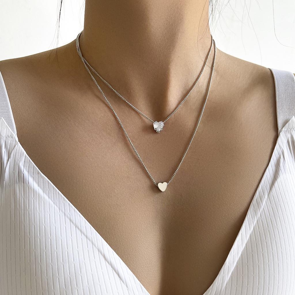 Stylish New, Sweet Double-layered Love Heart-shaped Rhinestone Pendant, Women's Necklace Collarbone Chain.