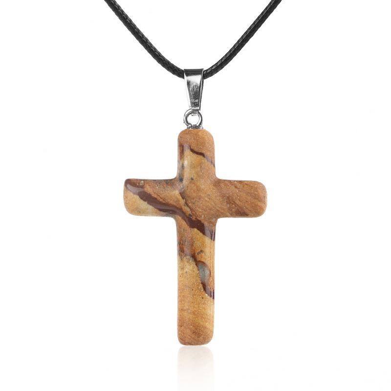 1Pc Handmade Carved Cross Natural Stone Pendant Necklace For Women Men Healing Chakra Crystal Charms Choker Jewelry