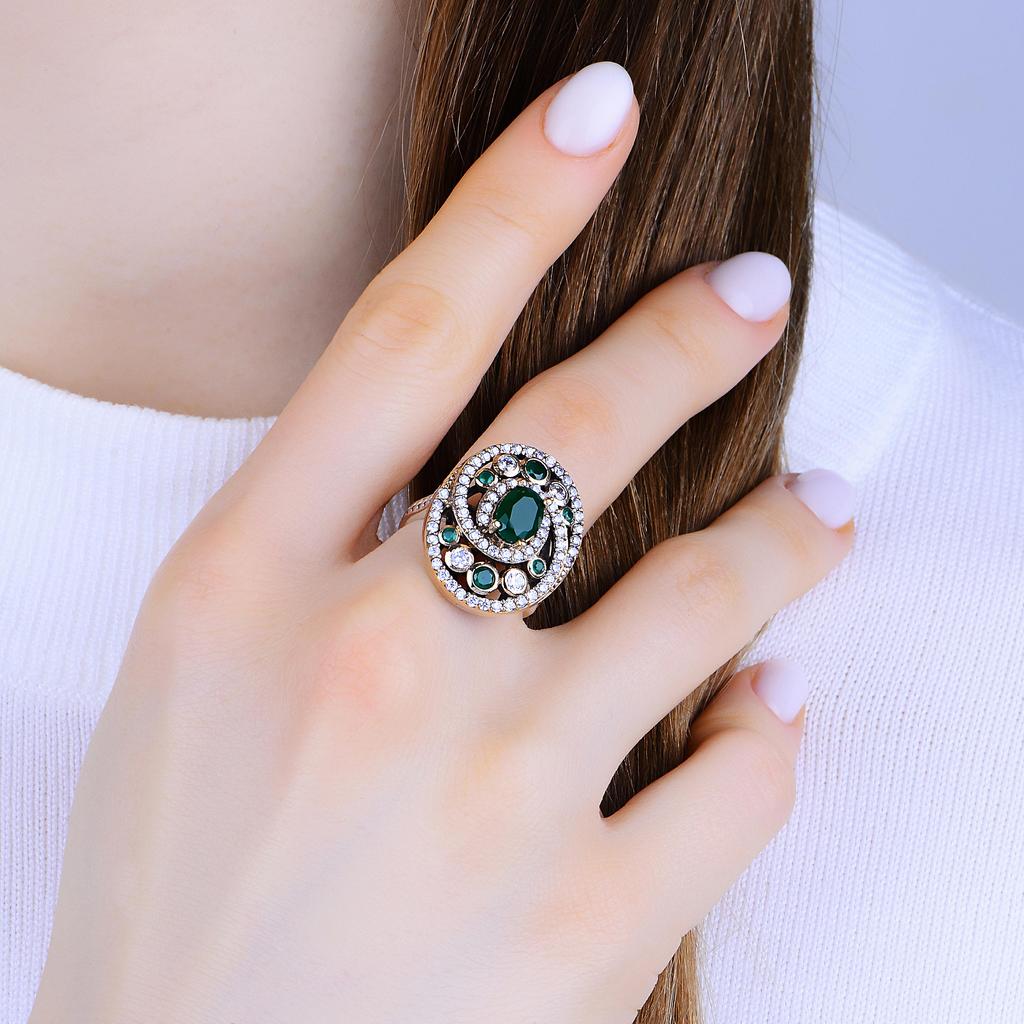 Authentisches Silberschmuckset, Smaragdsteine-Silberset, Halskette, Ohrringe und Ring-Set im osmanischen Design, einzigartiges Geschenk für Frauen