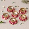 Set of 6 Pink & Golden Round Shaped Beaded Decorative Tea Light Candle Holders - Perfect for Diwali, Navratri, and Christmas Festivals