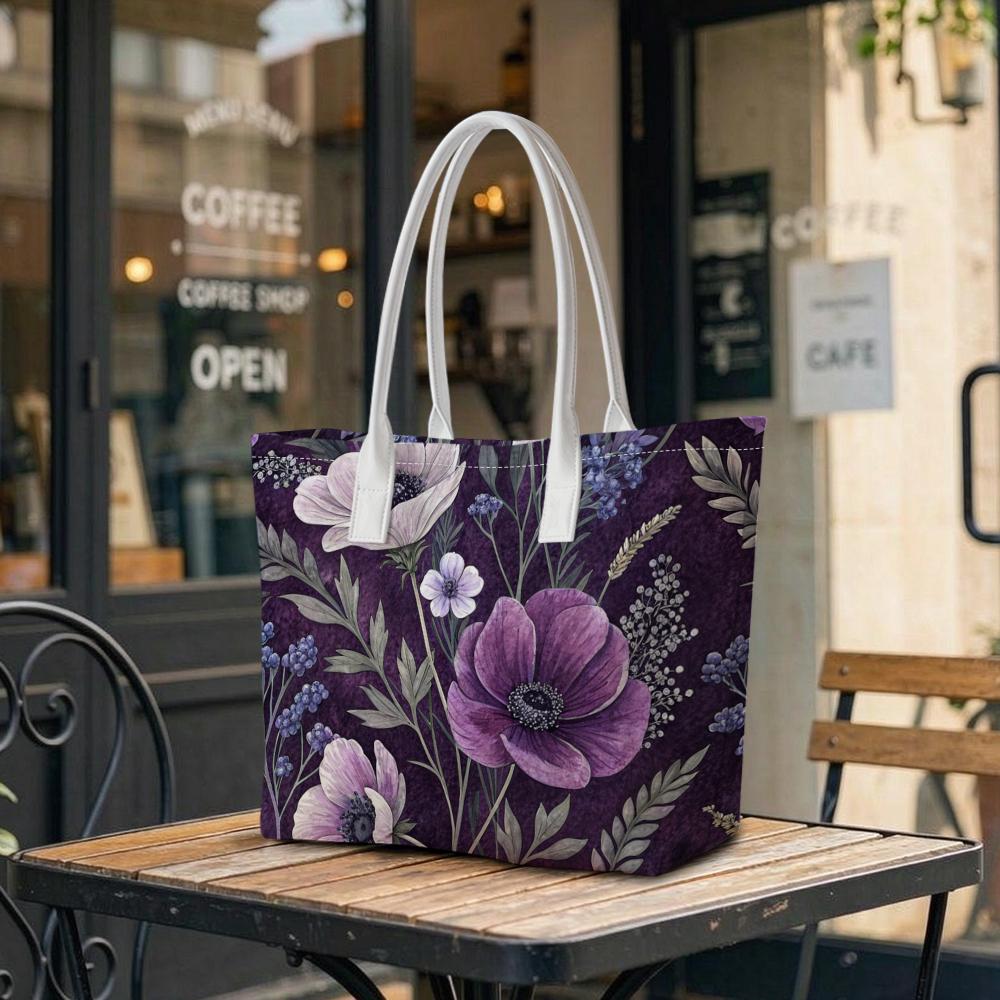 Purple Floral Shoulder Bag Fashion Casual Daily Tote Handbag Aesthetic Trendy Large Capacity Carryall for Women Portable Outdoor Commuting Bag