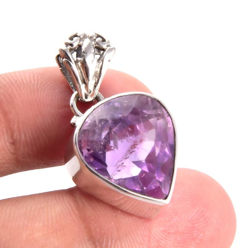 Natural African Amethyst Gemstone 925 Solid Sterling Silver Pendant 1.2'' O5h35