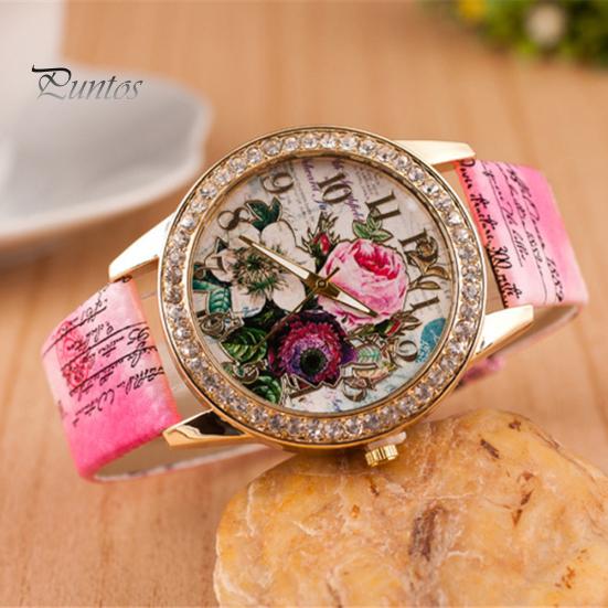 Orologio da polso da donna al quarzo con quadrante rotondo intarsiato di strass a forma di fiore e cinturino in ecopelle