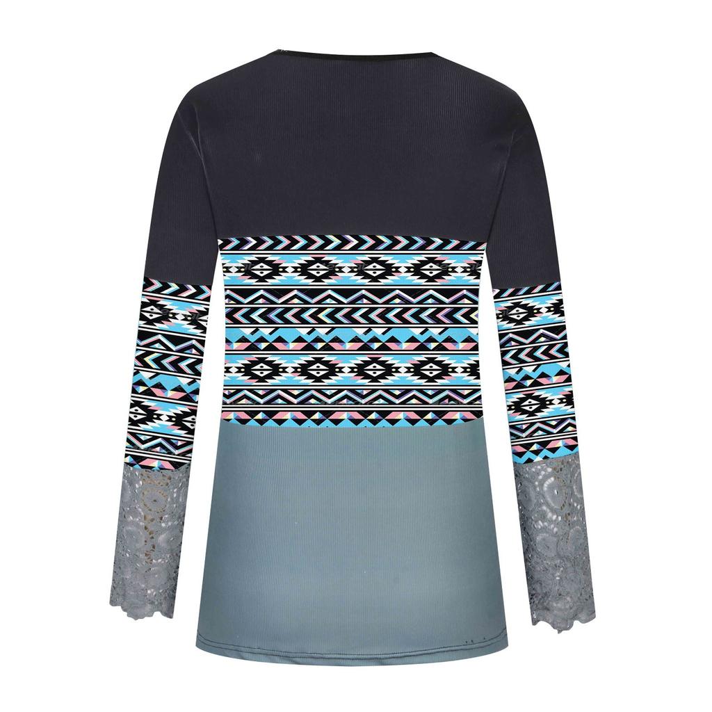 Womens Fashion Lace Long Sleeve Hole Strip Slim Round Neck Button Print Pullover Women's T-Shirt
