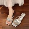 New Style Popular Summer Women's Silver High Heels Women's Crystal Flower Slippers Summer Women's Beach Shoes Zapatos Mujer