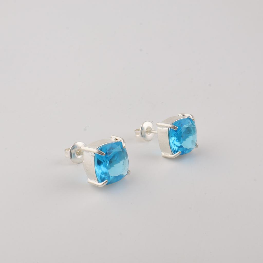 Swiss Blue Topaz Gemstone 925 Sterling Silver Handmade Jewelry Partywear Studs Earring 1" For Birthday EE-181-14